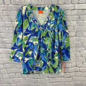 Hearts Of Palm Womens XL Blue Green Abstract V-Neck 3/4 Sleeve Top With Sequins